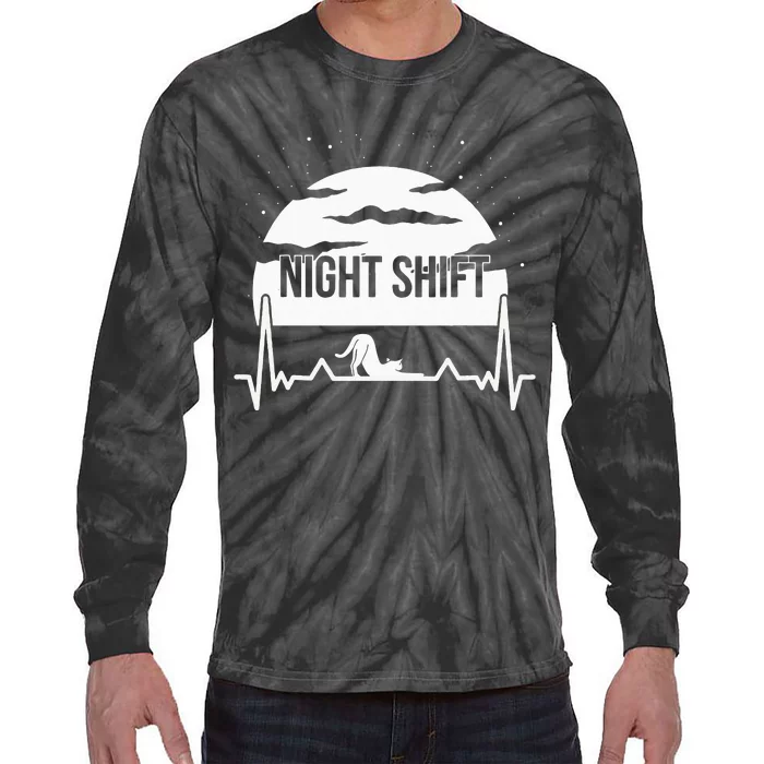 Nurse Night Shift Moon Cat EKG ECG Cardiac Tie-Dye Long Sleeve Shirt