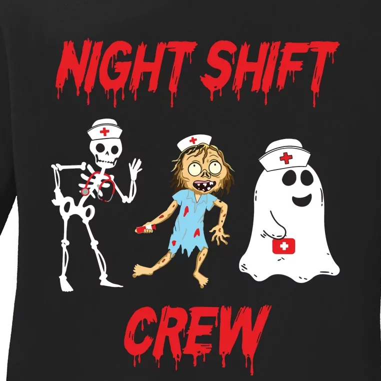 Nurse Night Shift Crew Ghost Skeleton Zombie Funny Halloween Ladies Long Sleeve Shirt