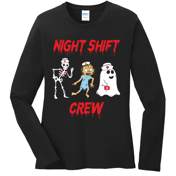 Nurse Night Shift Crew Ghost Skeleton Zombie Funny Halloween Ladies Long Sleeve Shirt