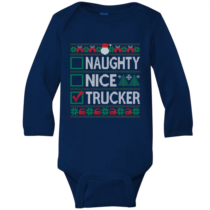 Naughty Nice Trucker Christmas List Ugly Sweater Party Cute Gift Baby Long Sleeve Bodysuit