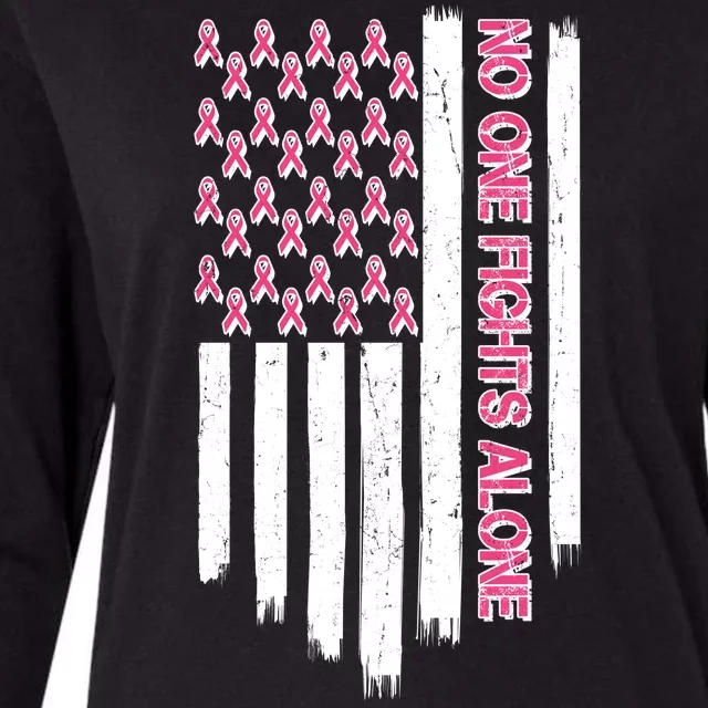 No One Fights Alone Breast Cancer Awareness American Pink Ribbons Flag Womens Cotton Relaxed Long Sleeve T-Shirt