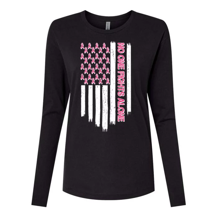 No One Fights Alone Breast Cancer Awareness American Pink Ribbons Flag Womens Cotton Relaxed Long Sleeve T-Shirt