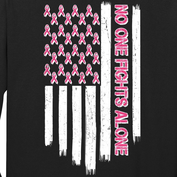 No One Fights Alone Breast Cancer Awareness American Pink Ribbons Flag Long Sleeve Shirt