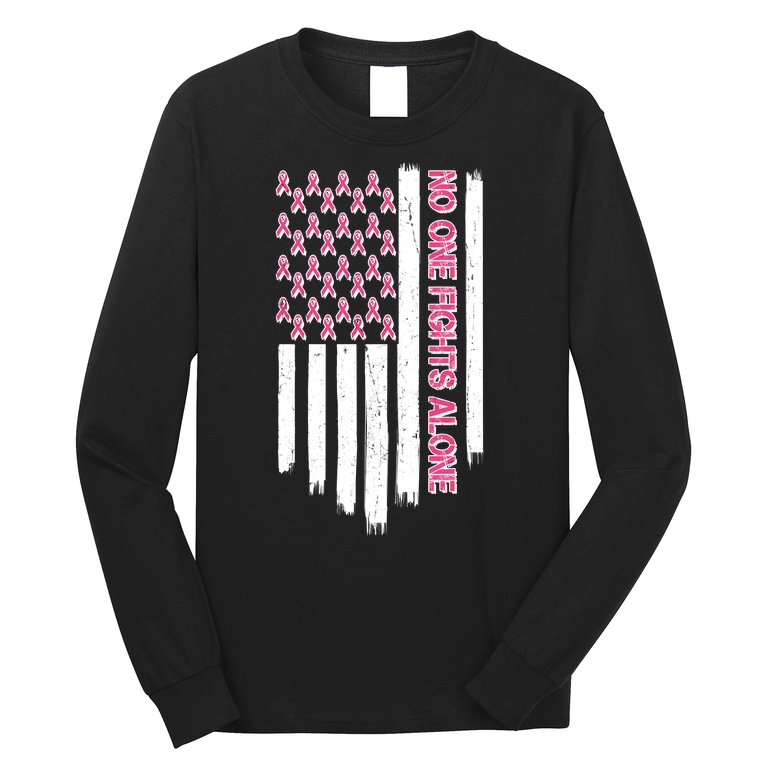 No One Fights Alone Breast Cancer Awareness American Pink Ribbons Flag Long Sleeve Shirt