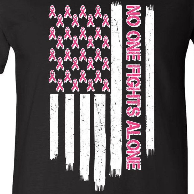 No One Fights Alone Breast Cancer Awareness American Pink Ribbons Flag V-Neck T-Shirt