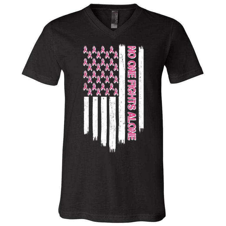 No One Fights Alone Breast Cancer Awareness American Pink Ribbons Flag V-Neck T-Shirt