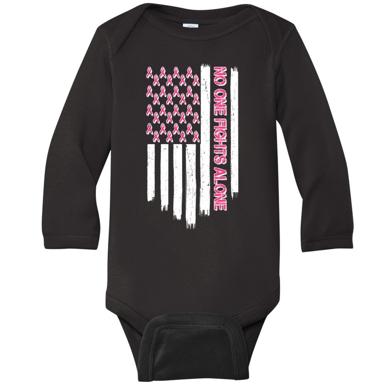 No One Fights Alone Breast Cancer Awareness American Pink Ribbons Flag Baby Long Sleeve Bodysuit