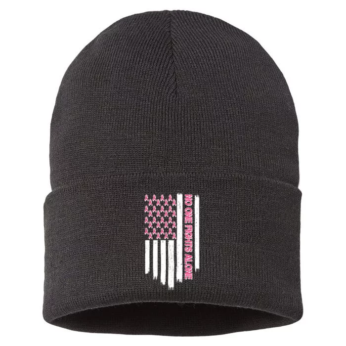 No One Fights Alone Breast Cancer Awareness American Pink Ribbons Flag Sustainable Knit Beanie