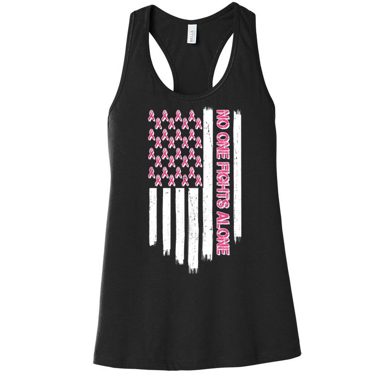 No One Fights Alone Breast Cancer Awareness American Pink Ribbons Flag Women's Racerback Tank