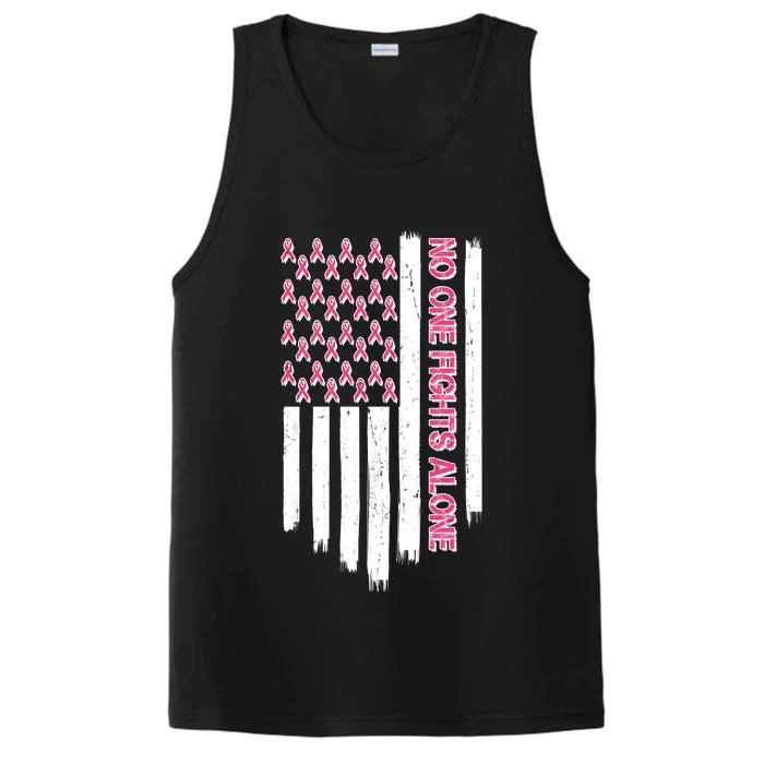 No One Fights Alone Breast Cancer Awareness American Pink Ribbons Flag Performance Tank