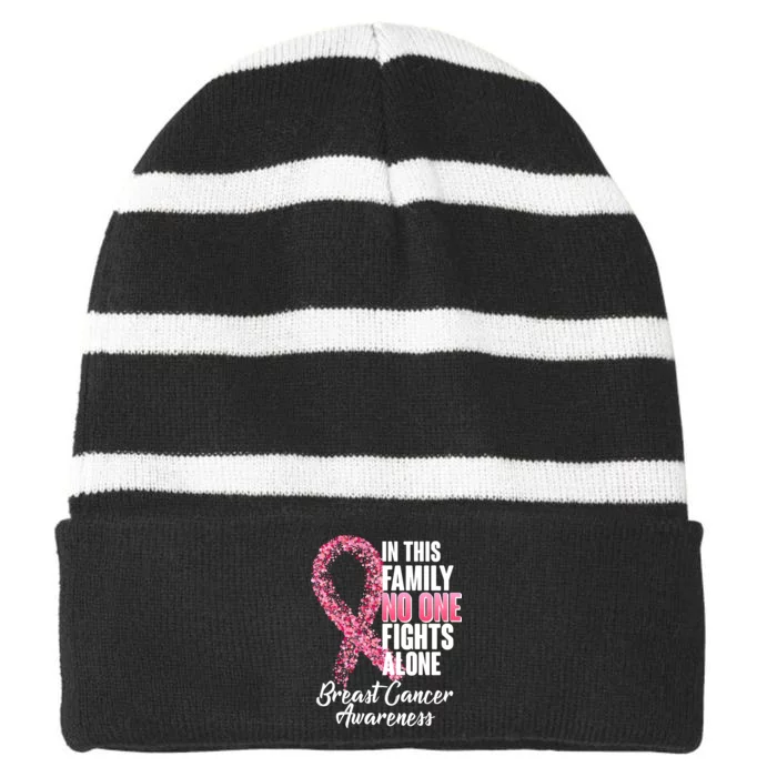 No One Fights Alone Breast Cancer Ribbon Striped Beanie with Solid Band