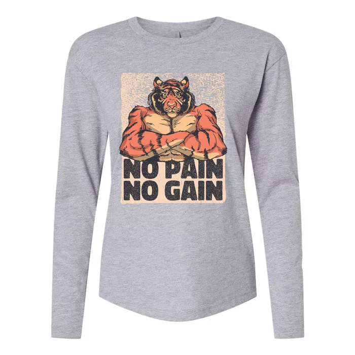 No Pain No Gain Strong Tiger Womens Cotton Relaxed Long Sleeve T-Shirt