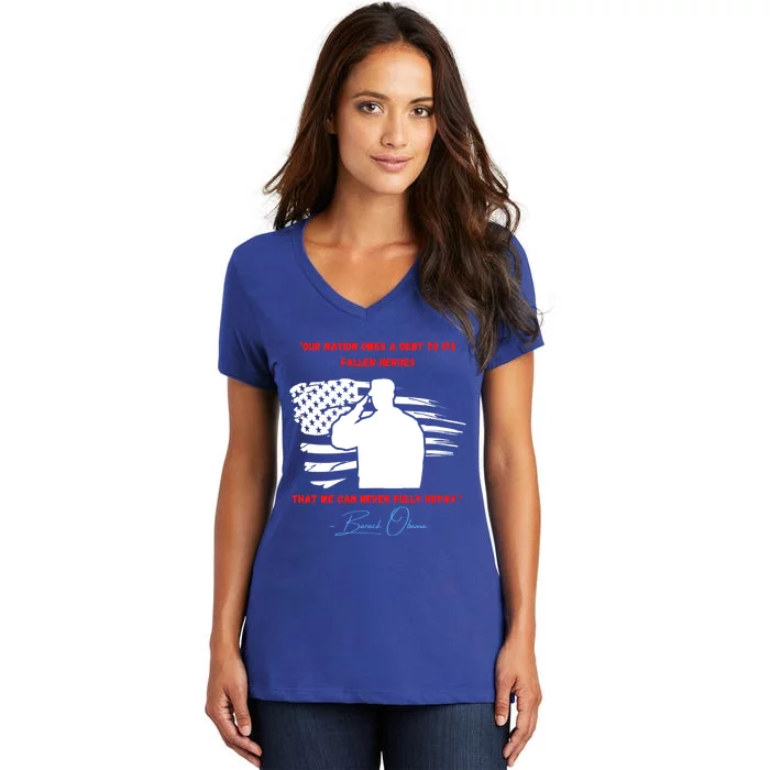 Nation Owes A Debt Memorial Day Fallen Soldiers Heroes Flag Funny Gift Women's V-Neck T-Shirt