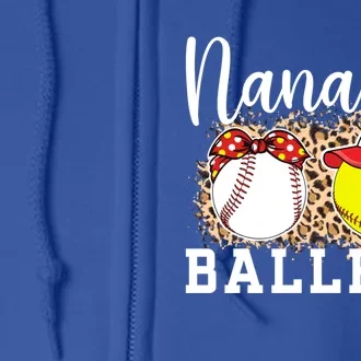 Nana Of Ballers Leopard Softball Baseball Nana Grandma Gift Full Zip Hoodie