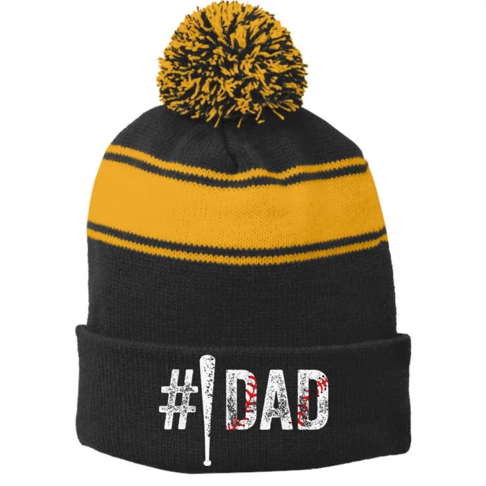 Number One Baseball Dad Funny Fathers Day Gift For Daddy Stripe Pom Pom Beanie