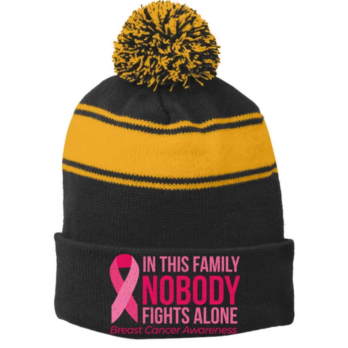 Nobody Fights Alone Breast Cancer Stripe Pom Pom Beanie