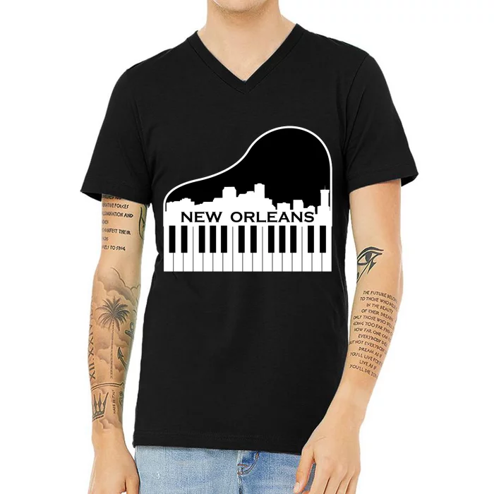 New Orleans Cool Piano Skyline V-Neck T-Shirt