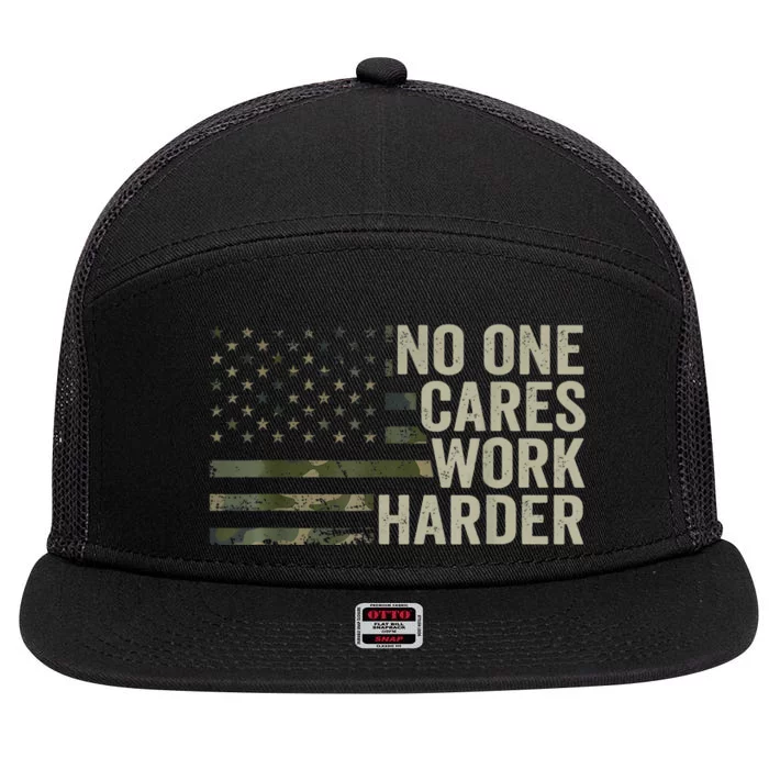 No One Cares Work Harder Motivational Workout Gym Camo 7 Panel Mesh Trucker Snapback Hat