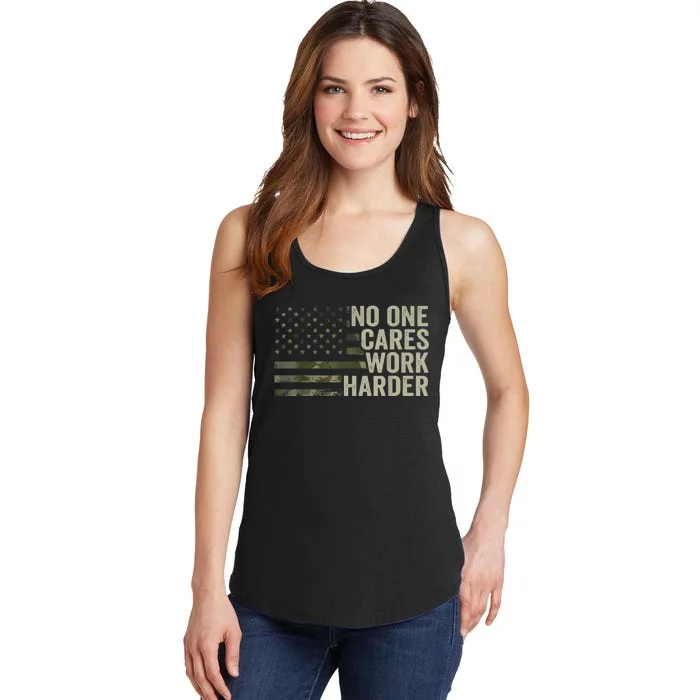 No One Cares Work Harder Motivational Workout Gym Camo Ladies Essential Tank