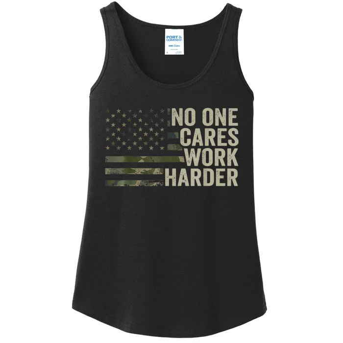 No One Cares Work Harder Motivational Workout Gym Camo Ladies Essential Tank