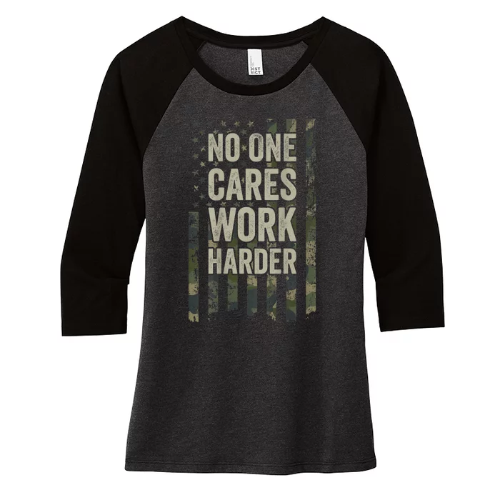 No One Cares Work Harder Motivational Workout Gym Women's Tri-Blend 3/4-Sleeve Raglan Shirt