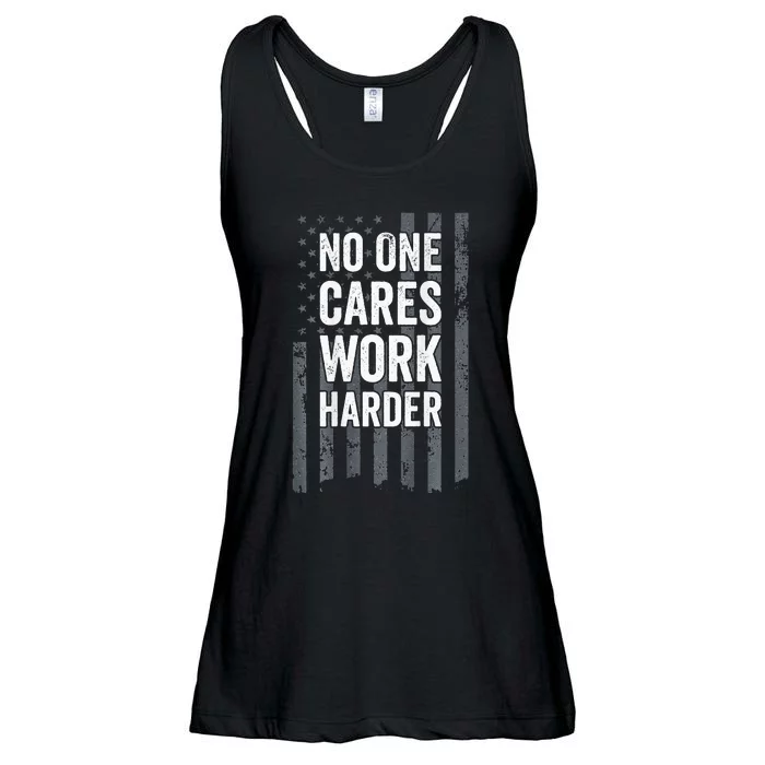 No One Cares Work Harder Motivational Workout Gym ON BACK Ladies Essential Flowy Tank