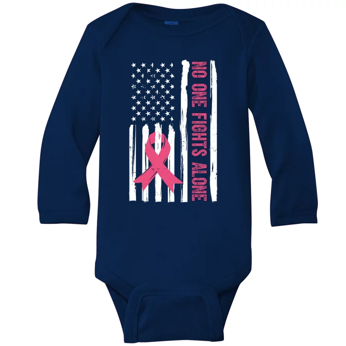 No One Fights Alone Breast Cancer Usa Ribbon Baby Long Sleeve Bodysuit