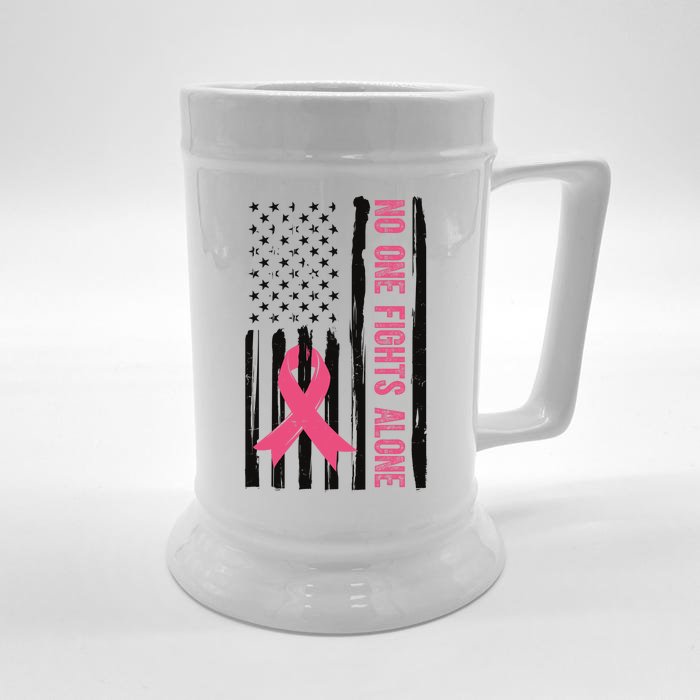 No One Fights Alone Breast Cancer Usa Ribbon Front & Back Beer Stein