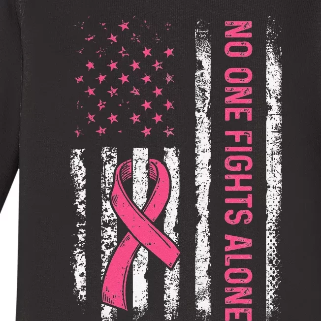 No One Fights Breast Cancer Alone American Flag P.Ink Ribbon Gift Baby Long Sleeve Bodysuit