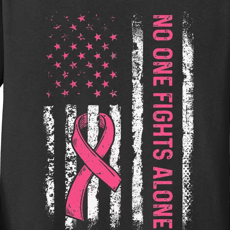 No One Fights Breast Cancer Alone American Flag P.Ink Ribbon Gift Kids Long Sleeve Shirt