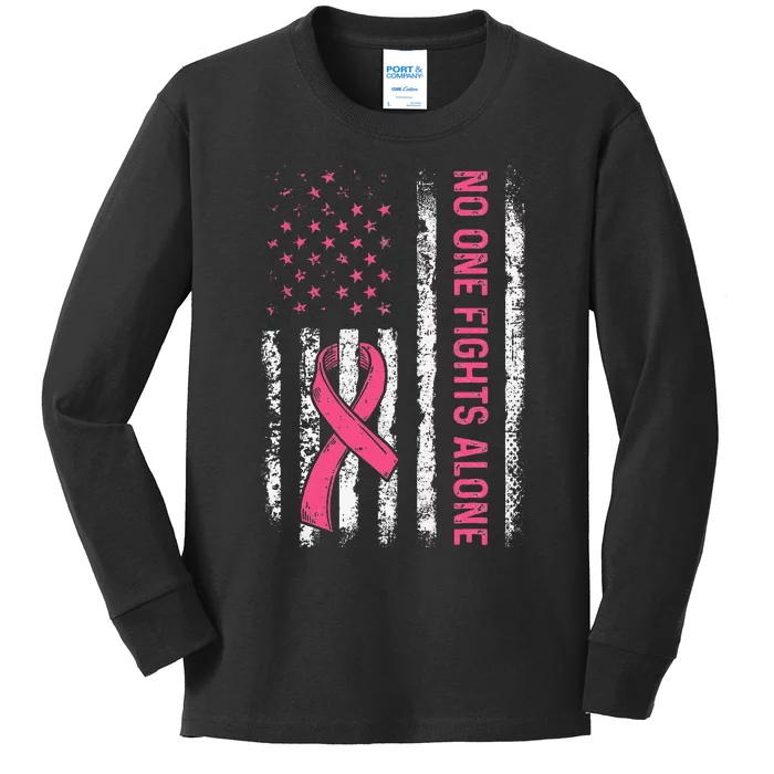 No One Fights Breast Cancer Alone American Flag P.Ink Ribbon Gift Kids Long Sleeve Shirt