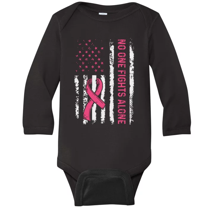 No One Fights Breast Cancer Alone American Flag Baby Long Sleeve Bodysuit