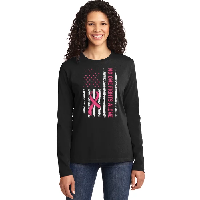 No One Fights Breast Cancer Alone American Flag Ladies Long Sleeve Shirt