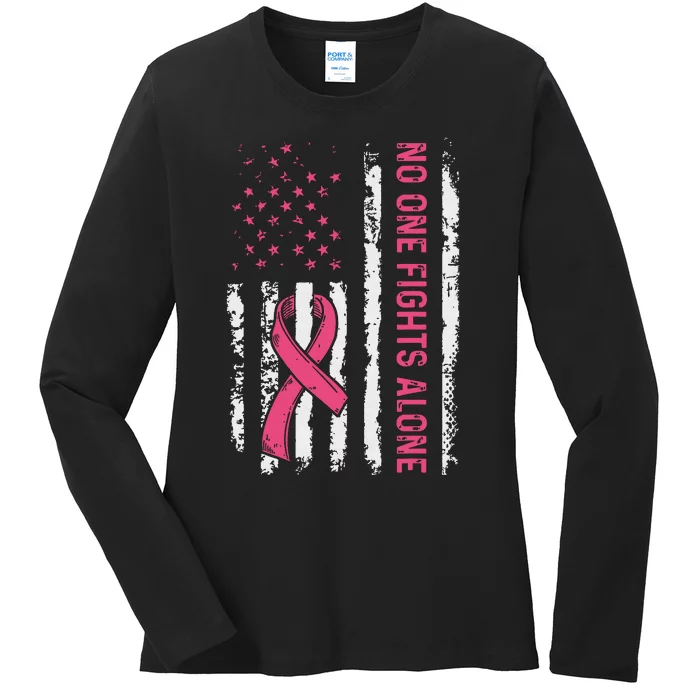 No One Fights Breast Cancer Alone American Flag Ladies Long Sleeve Shirt