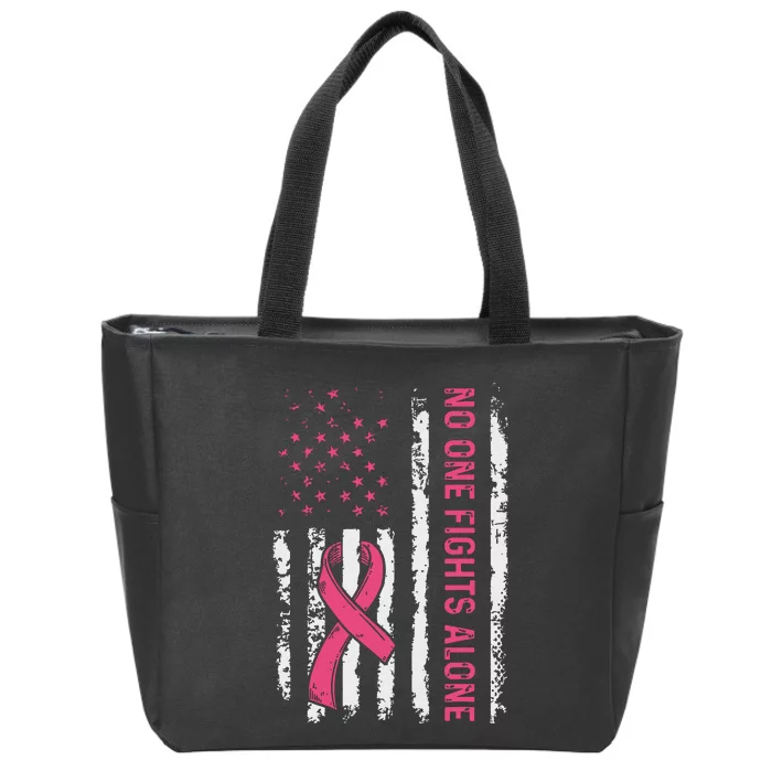 No One Fights Breast Cancer Alone American Flag Zip Tote Bag