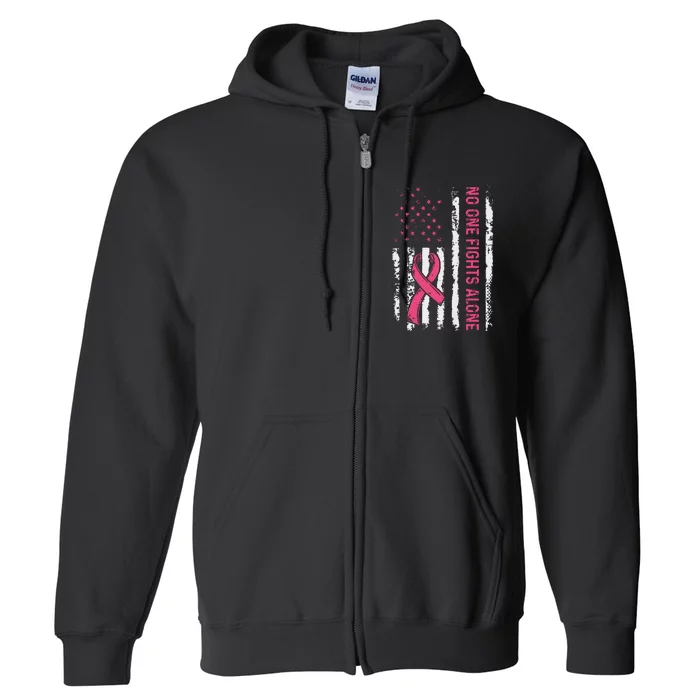 No One Fights Breast Cancer Alone American Flag Full Zip Hoodie