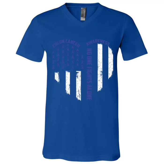 No One Fights Usa Flag Heart Alone Colon Cancer Awareness Cute Gift V-Neck T-Shirt