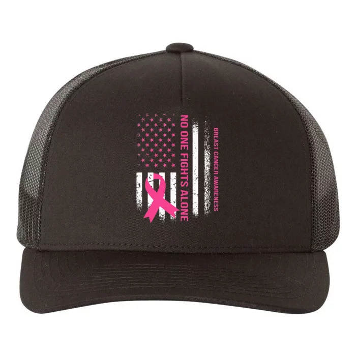 No One Fights Breast Cancer Alone USA Flag Pink Ribbon Yupoong Adult 5-Panel Trucker Hat