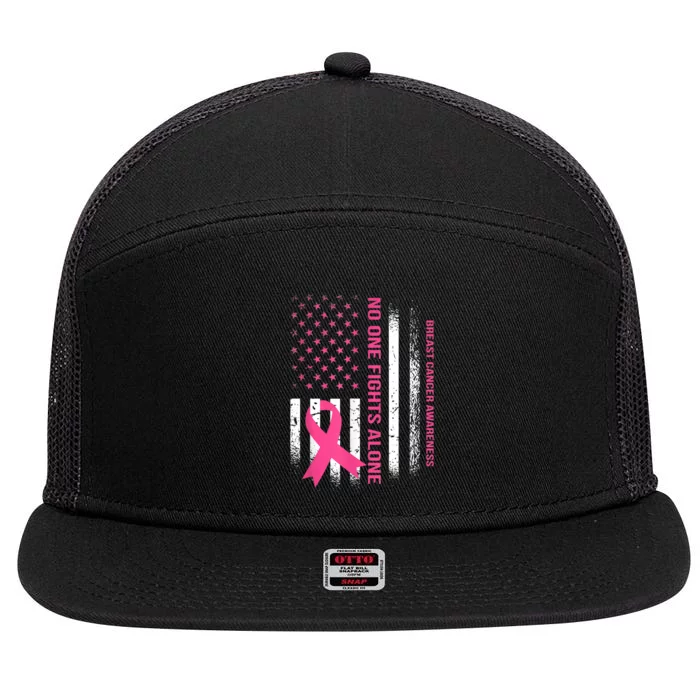 No One Fights Breast Cancer Alone USA Flag Pink Ribbon 7 Panel Mesh Trucker Snapback Hat