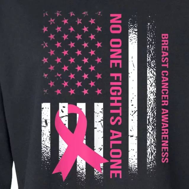 No One Fights Breast Cancer Alone USA Flag Pink Ribbon Cropped Pullover Crew