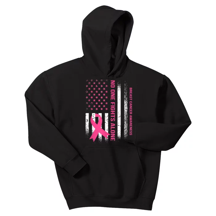 No One Fights Breast Cancer Alone USA Flag Pink Ribbon Kids Hoodie