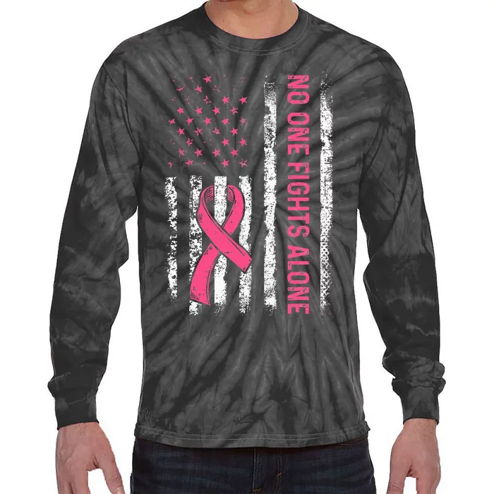 No One Fights Breast Cancer Alone American Flag Tie-Dye Long Sleeve Shirt