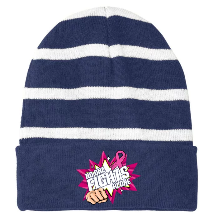 No One Fights Alone Breast Cancer Awareness Striped Beanie with Solid Band