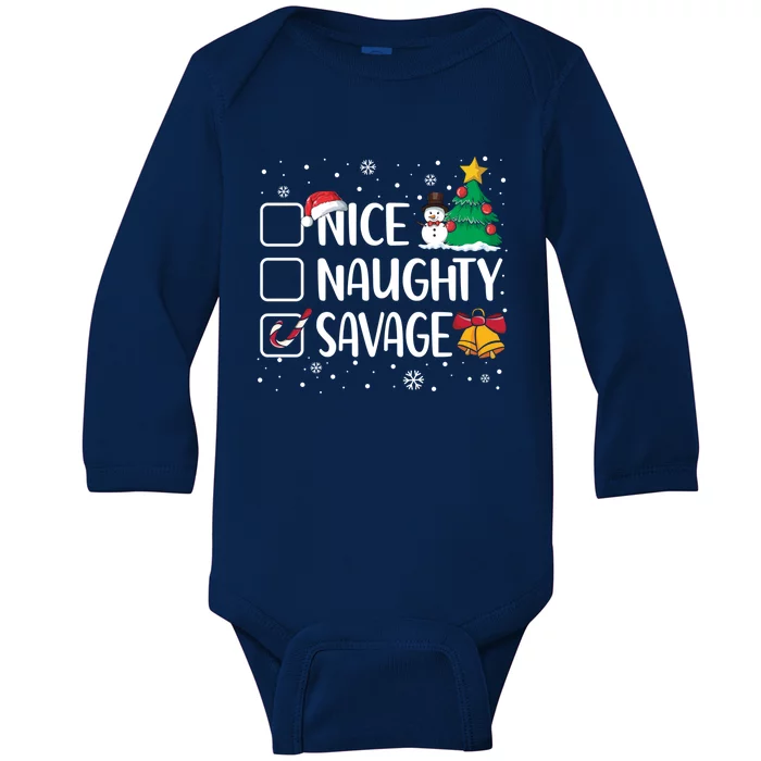 Nice Or Naughty Savage Funny Christmas Pajama Xmas Funny Gift Baby Long Sleeve Bodysuit