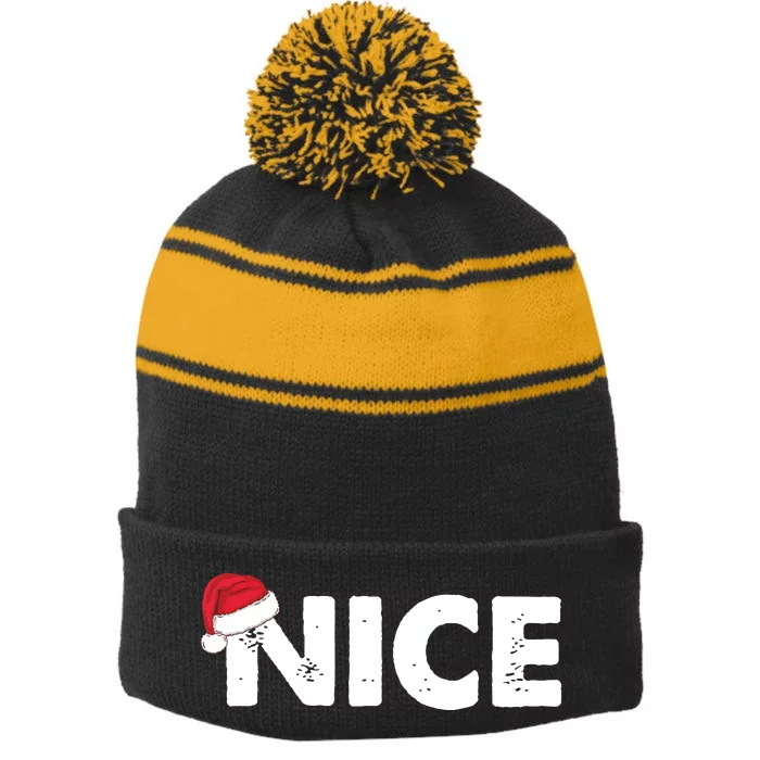 Naughty Or Nice Matching Christmas Stripe Pom Pom Beanie