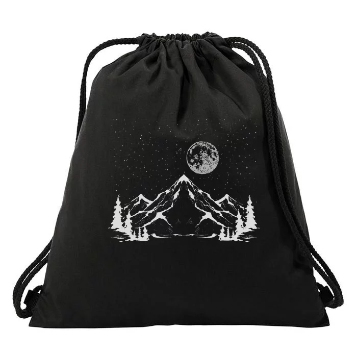 Night Outdoor Nature Trees Mountains Forest Moon Hiking Drawstring Bag