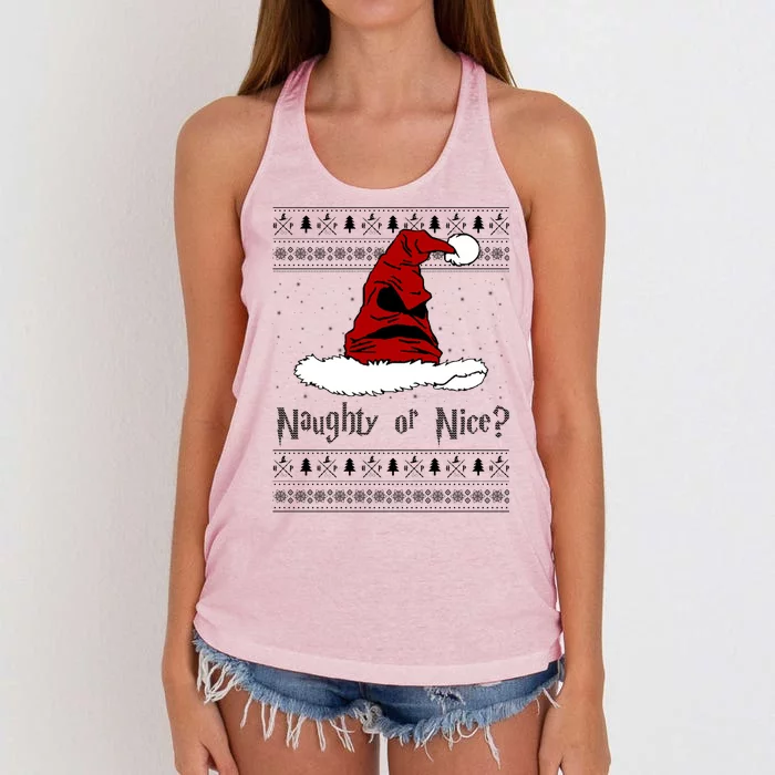 Naughty Or Nice Santa Funny Christmas Holiday Women's Knotted Racerback Tank