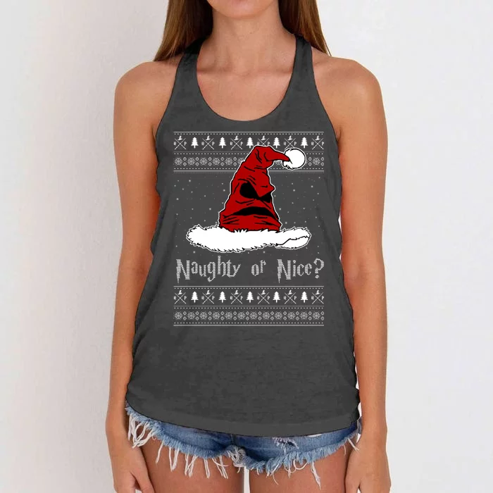 Naughty Or Nice? Sorting Santa Claus Ugly Christmas Sweater Women's Knotted Racerback Tank