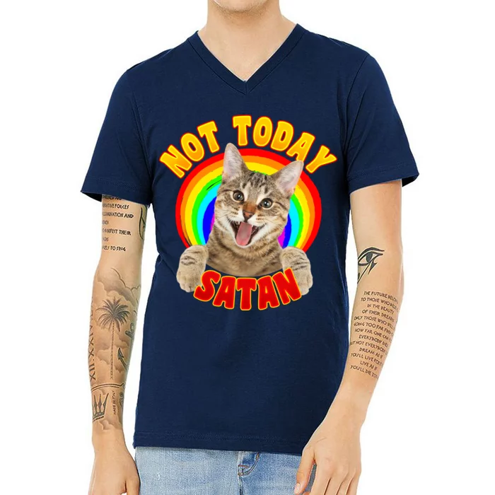 Not Today Satan Funny Cat Rainbow V-Neck T-Shirt