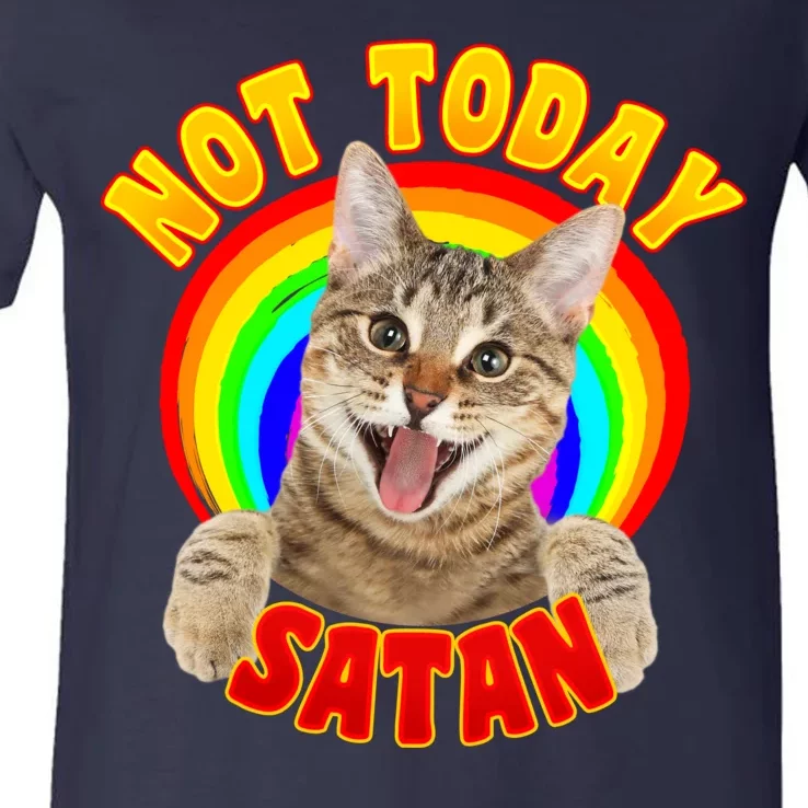 Not Today Satan Funny Cat Rainbow V-Neck T-Shirt